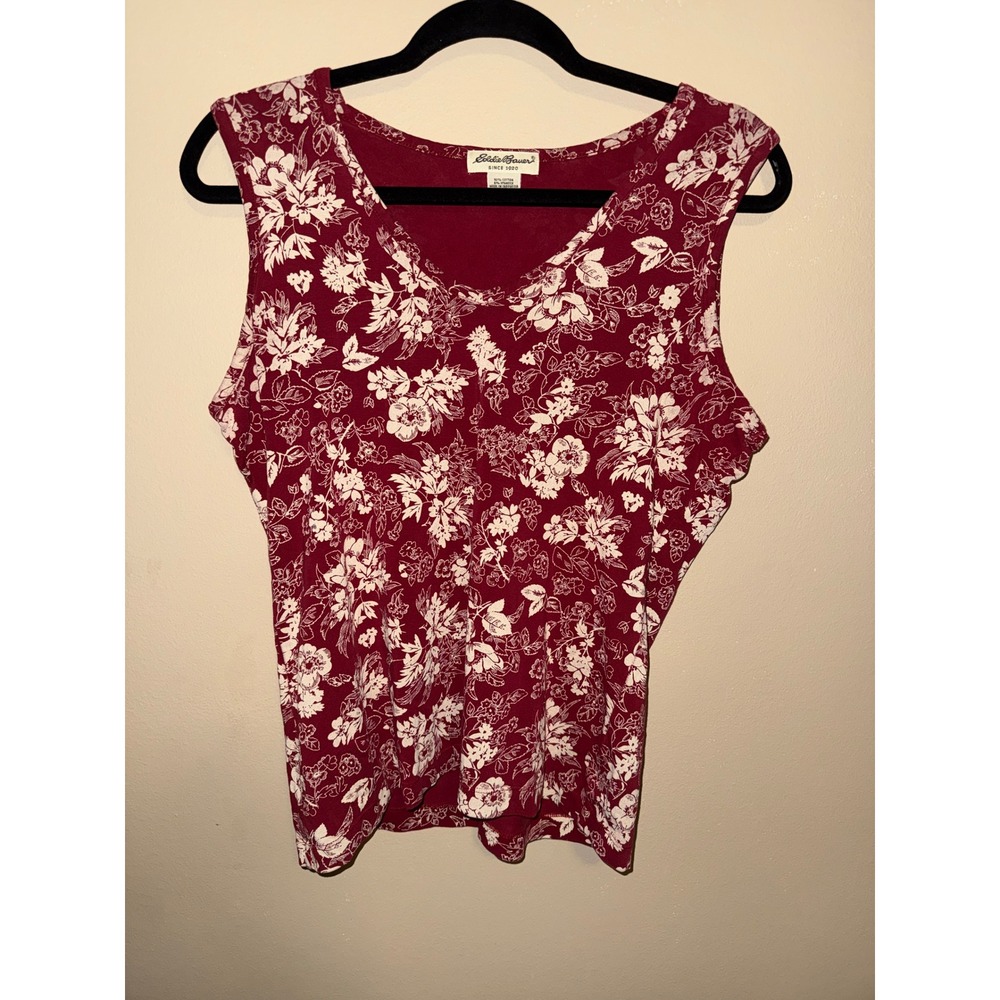 Eddie Bauer Womens Red White Floral‎ V-Neck Sleeveless Tank Top M Cotton Blend
